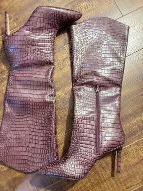Call It Spring Croc-Embossed Knee Boots in Plum